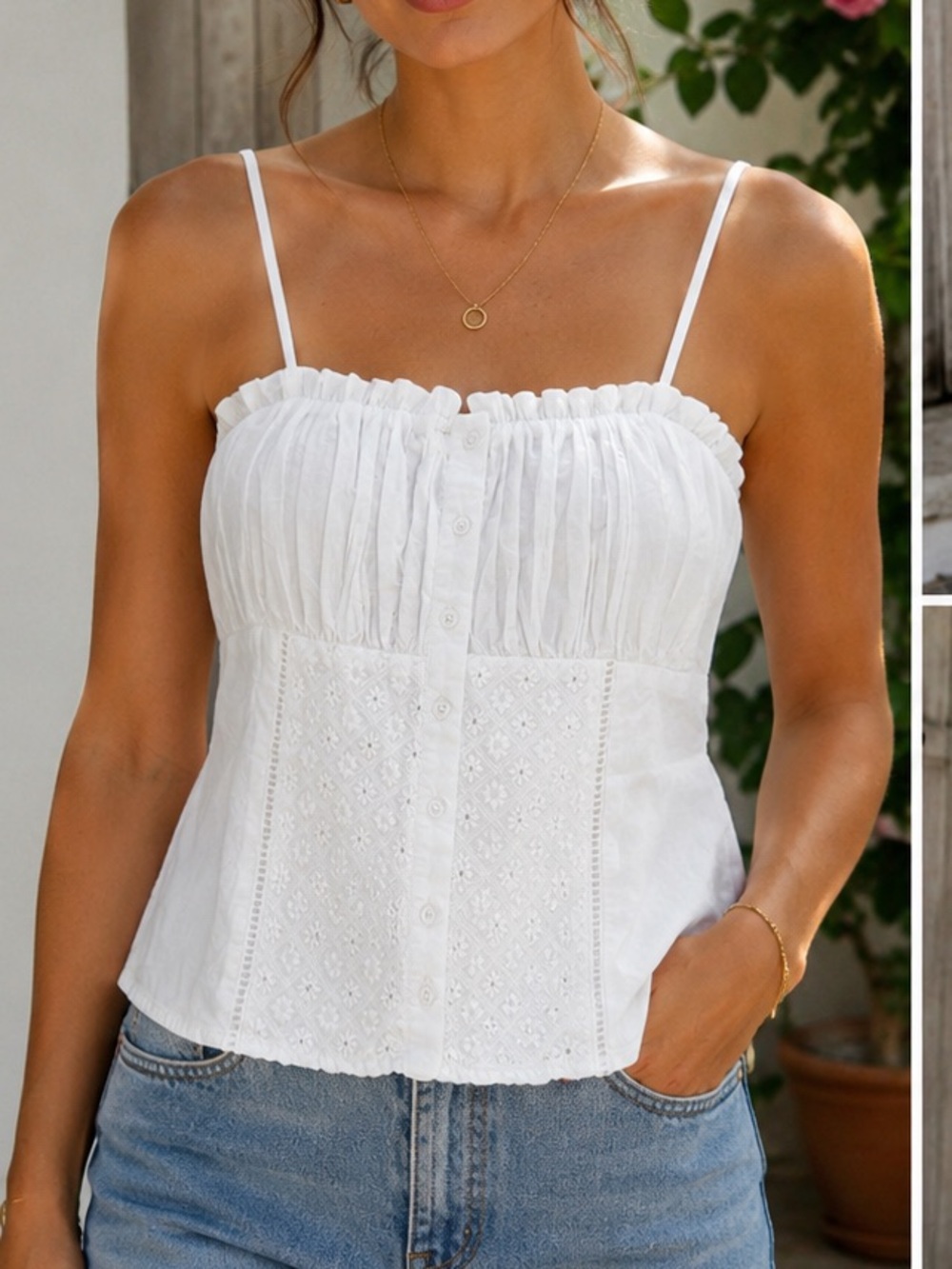 Japna White Cotton Eyelet Smocked Camisole Top Button Front
